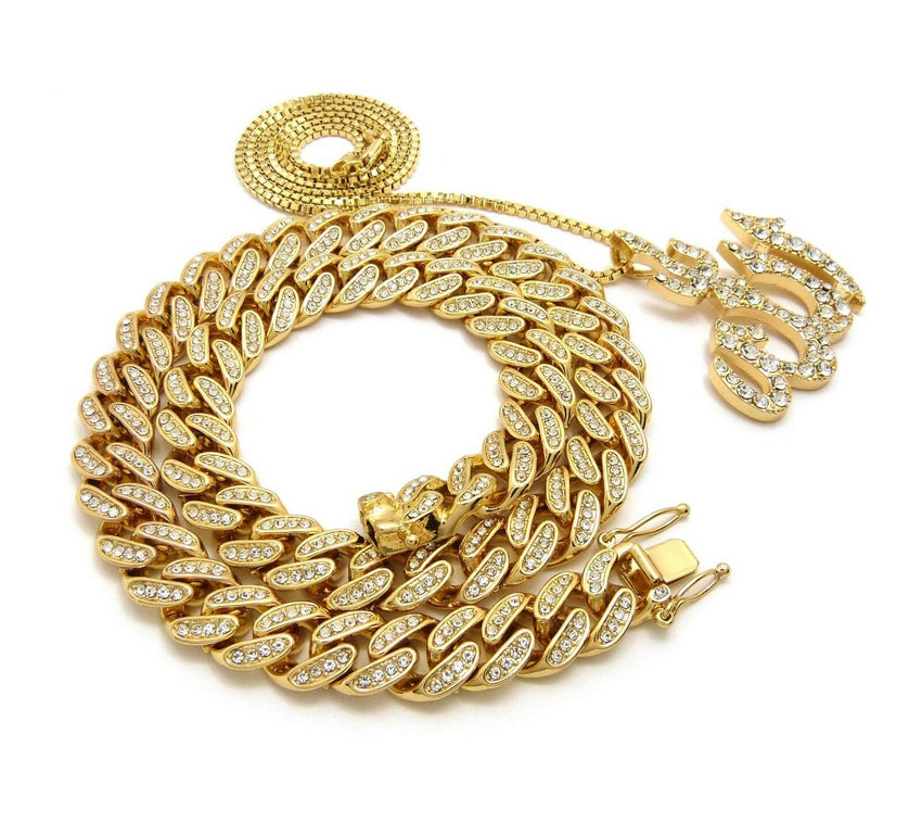 Hip Hop Iced Out Cuban Choker Chain & Muslim Allah Pendant w/ box chain necklace set