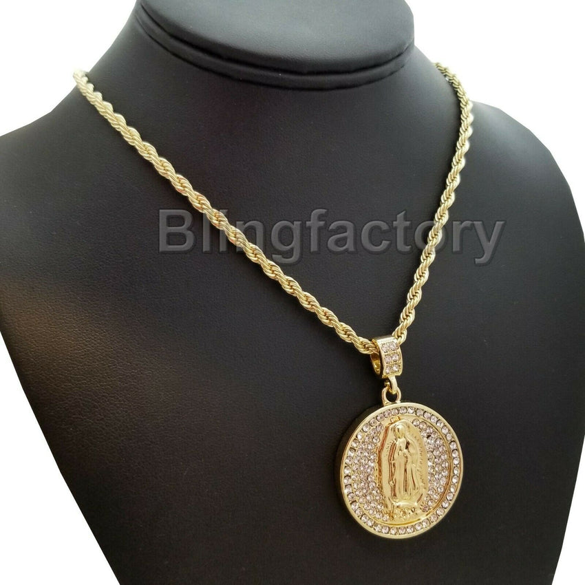 Hip Hop Iced out Virgen De Guadalupe Pendant & 4mm 24" Rope Chain Necklace
