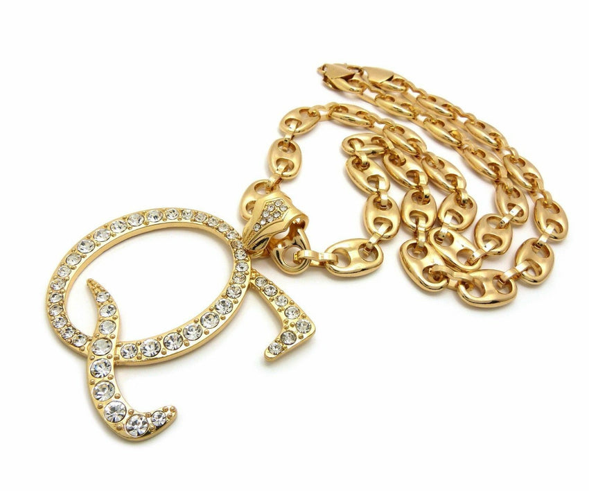 New Iced Out Gold plated 'QC' Pendant & 12mm 30" Marina Chain Hip Hop Necklace