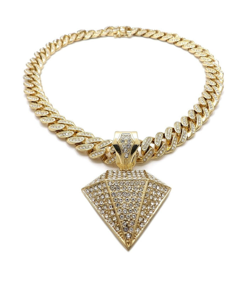 Hip Hop Diamond Shape Pendant 20" Iced out Box Lock Cuban Choker Chain Necklace