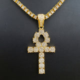 Hip Hop Ankh Cross Pendant & 18" Full Iced Cuban & 1 ROW Tennis Choker Chain Necklace Set