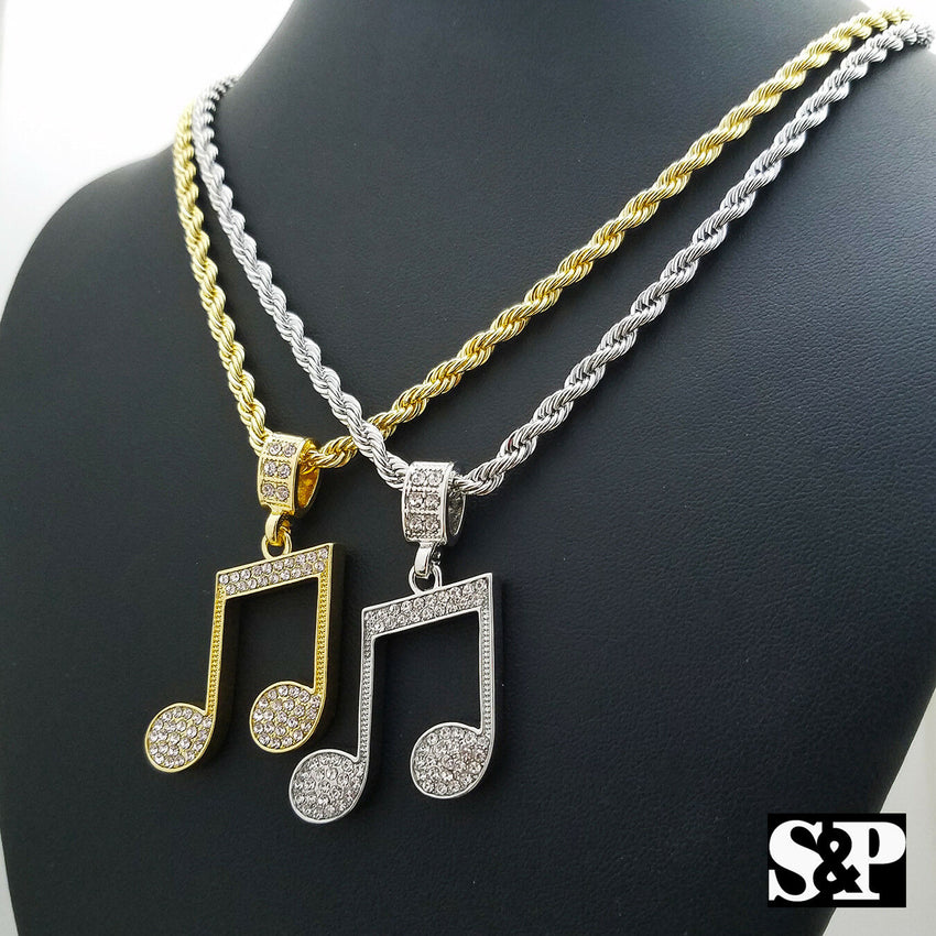 Unisex Iced out Fashion Music Note Pendant & 24" Rope Chain Necklace
