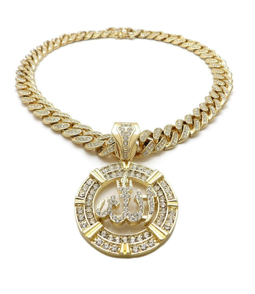 Hip Hop Allah Pendant & 12mm 20" Iced Box Lock Cuban Choker Chain Necklace