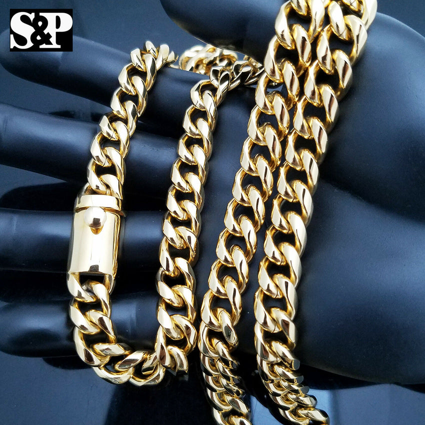 Men Gold Finish Stainless Steel Special Lock 10mm 24", 30 Cuban Chain Necklace