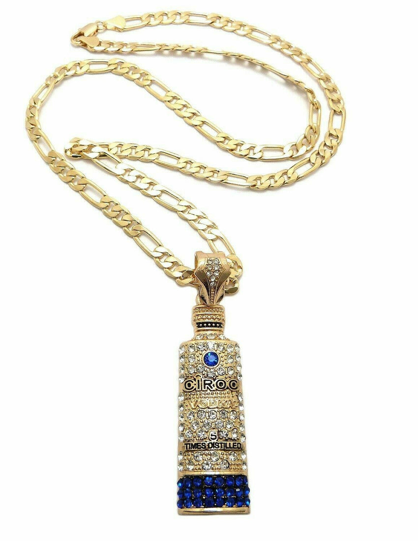 ICED OUT LAB DIAMOND CIROC VODKA BOTTLE PENDANT & 4mm 24" FIGARO CHAIN NECKLACE