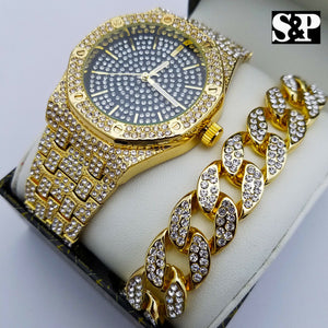 MEN'S HIP HOP QUAVO FULL ICED OUT LAB DIAMOND WATCH & CUBAN BRACELET COMBO SET