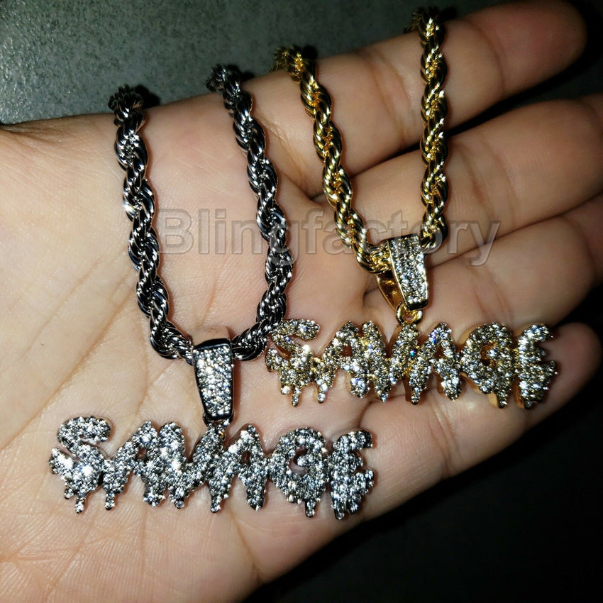 Iced out Hip Hop Lab Diamond Drip SAVAGE Pendant & 4mm 24" Rope Chain Necklace