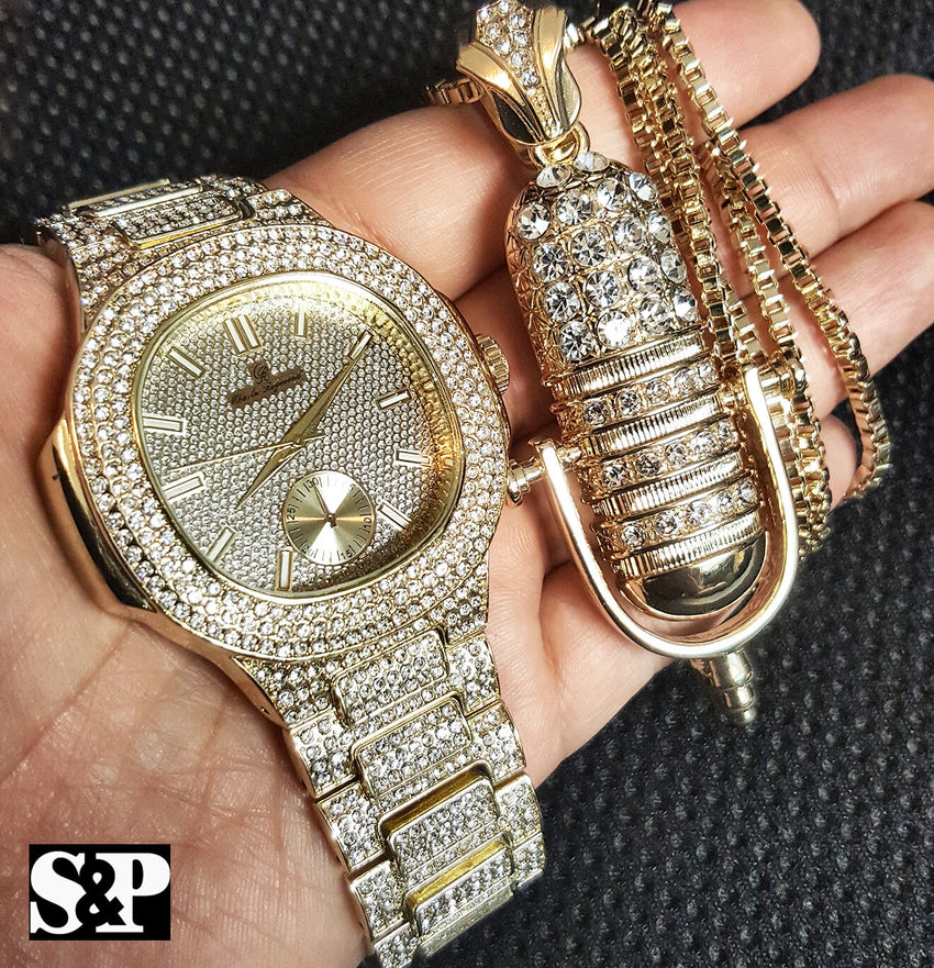 MEN ICED OUT HIP HOP GOLD PT QUAVO WATCH & MIC MICROPHONE NECKLACE COMBO SET