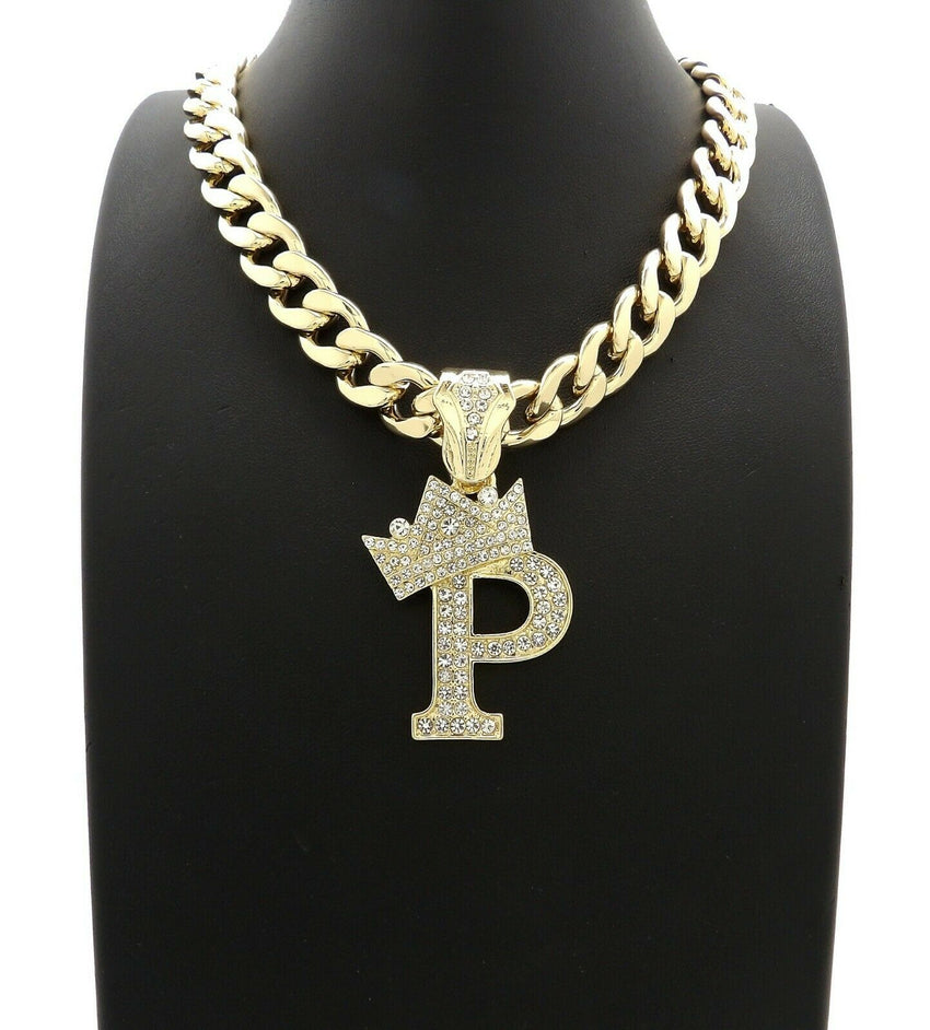 Hip Hop Crowned Alphabet Initial Pendant & 11mm 20" Cuban Choker Chain Necklace