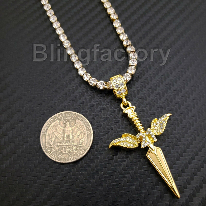 Hip Hop SAVAGE 21 SWORD Pendant & 1 Row Diamond Tennis Choker Chain Necklace