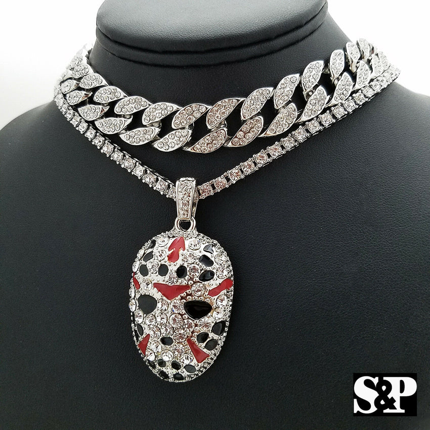Hip Hop Slaughter Gang w/ 1 ROW DIAMOND & 18" Full Iced Cuban Choker Chain Set