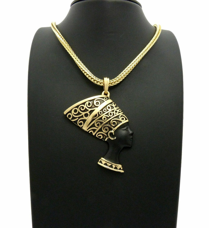 NEW CELEBRITY EGYPTIAN NEFERTITI PENDANT & 4mm 18" FRANCO CHAIN HIP HOP NECKLACE