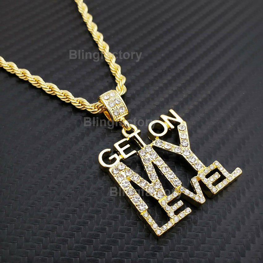 Hip Hop Iced out "GET ON MY LEVEL" Pendant & 4mm 24" Rope Chain Necklace