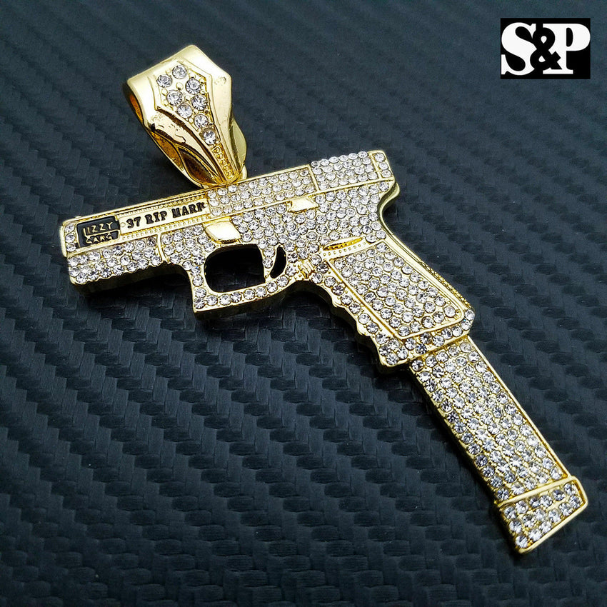 Hip Hop 37 RIP MARY Gun Pendant & 12mm 18" Full Iced Out Cuban Chain Necklace