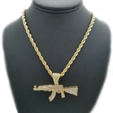 Hip Hop Iced Out Large AK47 Machine Gun Pendant & 5mm 30" Rope Chain Necklace