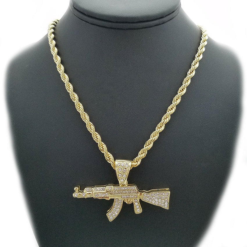 Hip Hop Iced Out Large AK47 Machine Gun Pendant & 5mm 30" Rope Chain Necklace