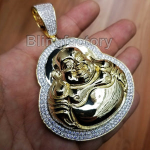 HIP HOP BLING ICED GOLD PT BRASS MICRO PAVE LARGE HAPPY BUDDHA PENDANT