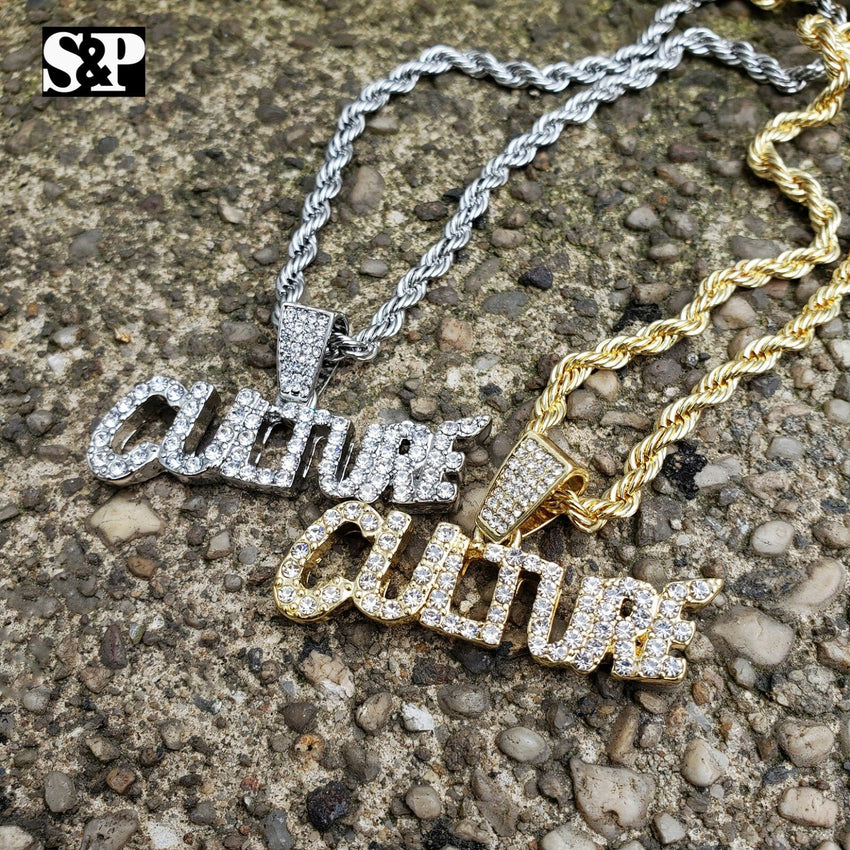 Hip Hop Iced out Lab Diamonds CULTURE Pendant & 4mm 24" Rope Chain Necklace