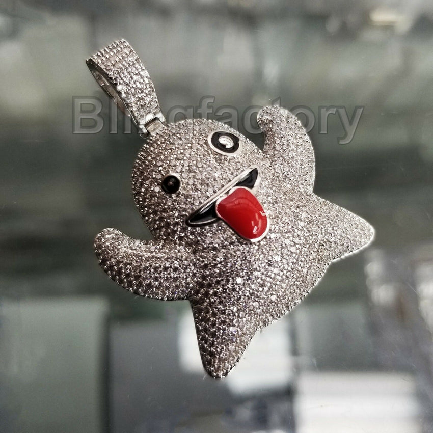 ICED OUT HIP HOP BRASS WHITE GOLD PLATED MICRO PAVE EMOJI GHOST PENDANT