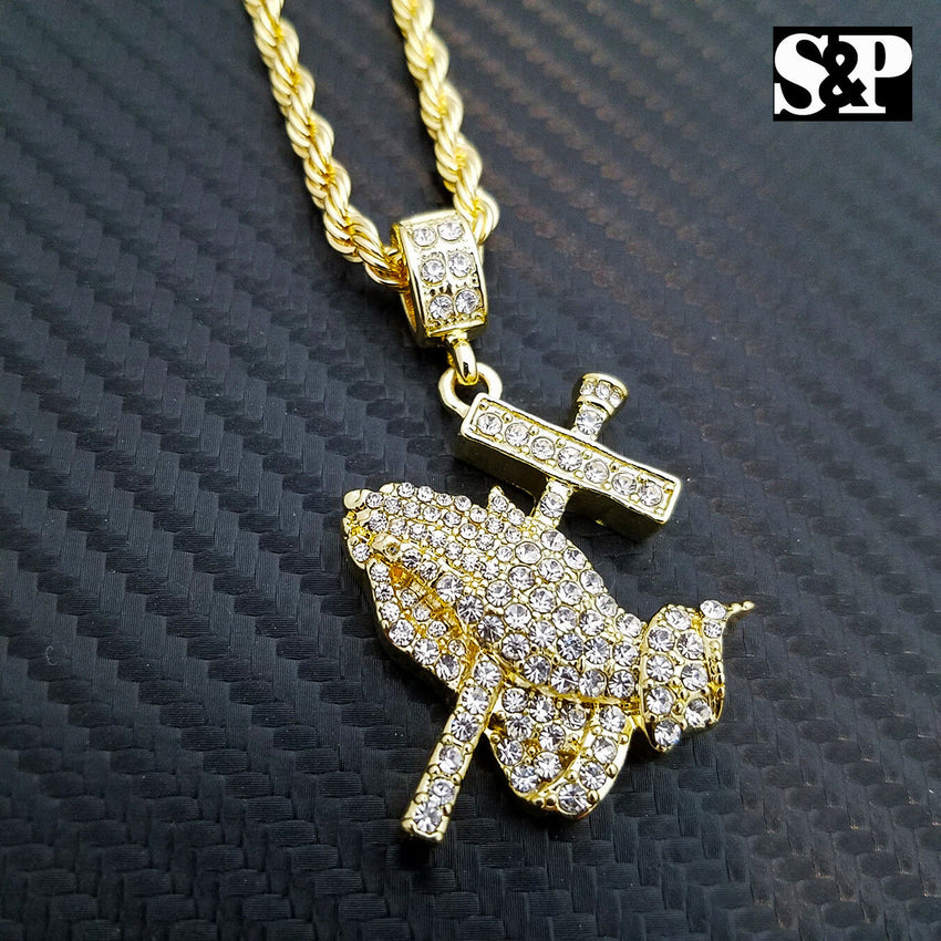 Hip Hop Iced Out Praying Hand w/ Cross Pendant & 4mm 24" Rope Chain Necklace