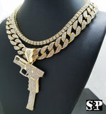 Hip Hop 37 Rip Mary Gun w/ 18" Full Iced Cuban & 1 ROW DIAMOND Choker Chain Necklace Set