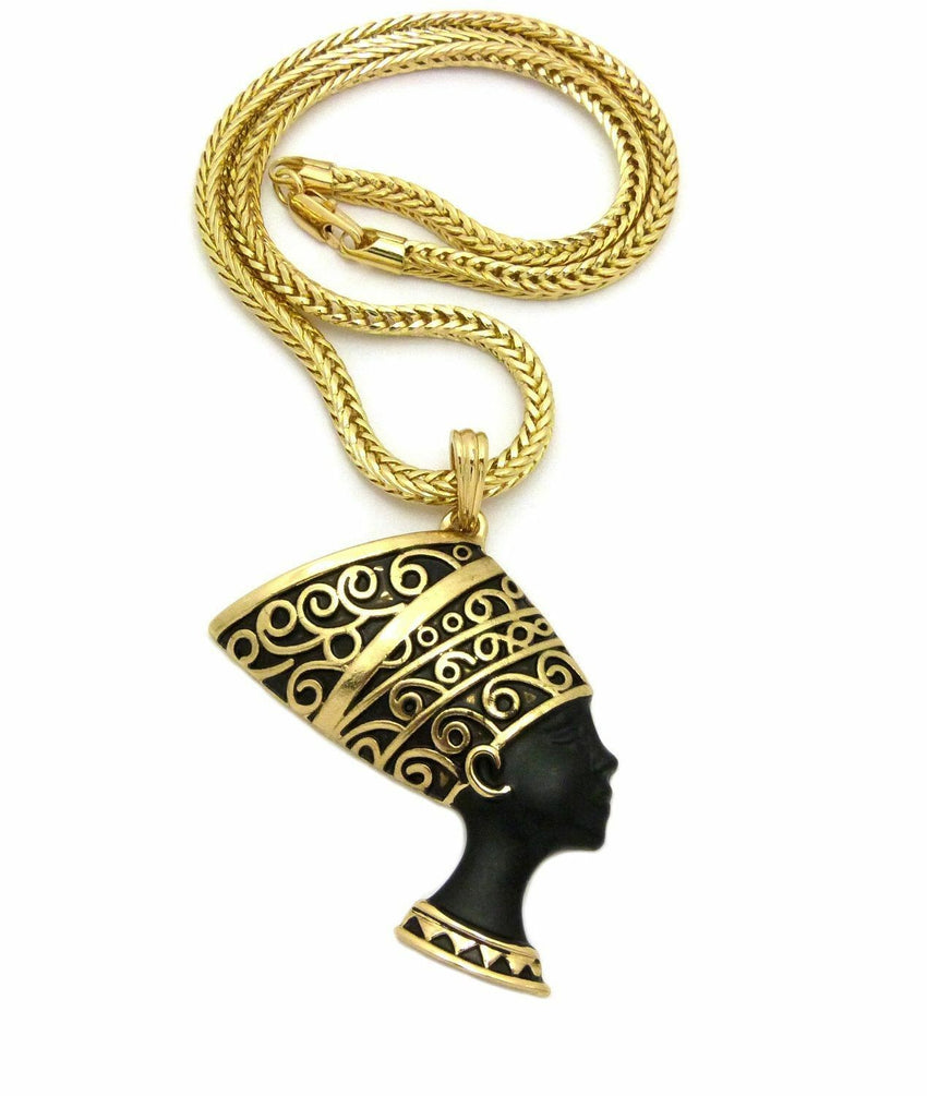 NEW CELEBRITY EGYPTIAN NEFERTITI PENDANT & 4mm 18" FRANCO CHAIN HIP HOP NECKLACE