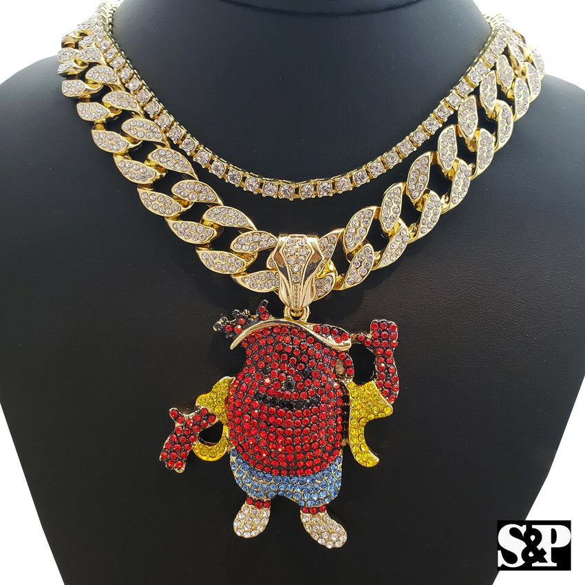 Hip Hop KOOL AID MAN w/ 18" Full Iced Cuban & 1 ROW DIAMOND Choker Chain Necklace Set