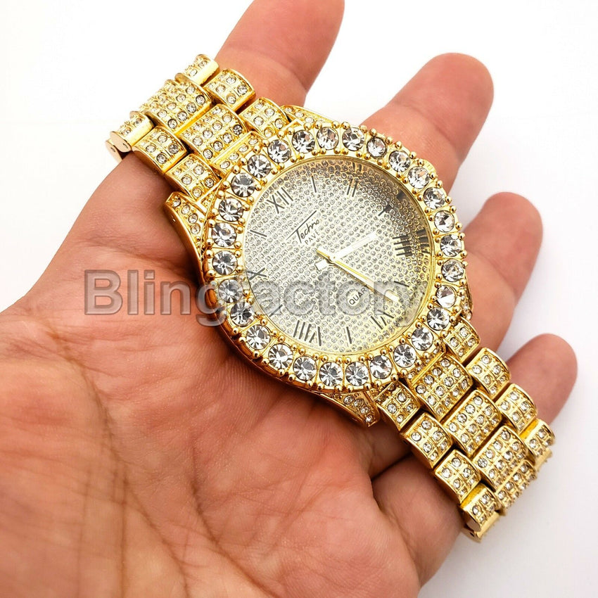 Iced Out 6ix9ine Saw Inspired Necklace & Hip Hop Gold plated Metal Watch Set