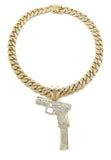 Hip Hop 37 RIP MARY Gun Pendant & 12mm 18" Full Iced Out Cuban Chain Necklace