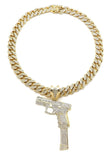 Hip Hop 37 RIP MARY Gun Pendant & 12mm 18" Full Iced Out Cuban Chain Necklace
