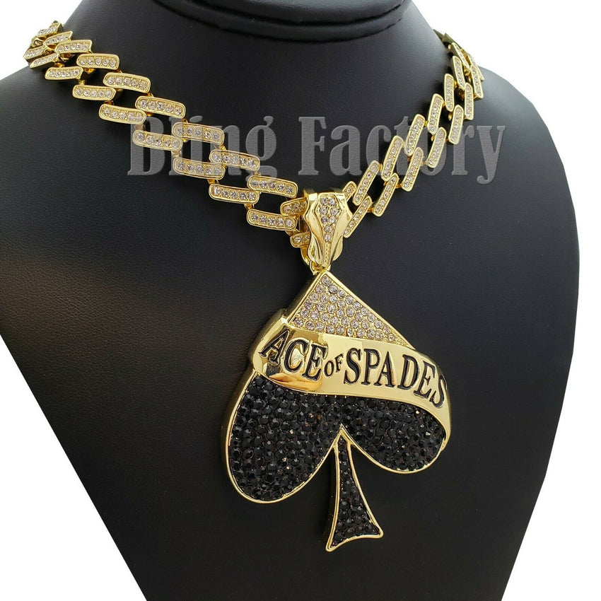 Hip Hop Ace of Spades Pendant & 18" Full Iced Prong Miami Choker Cuban Necklace