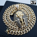 Hip Hop Egyptian Pharaoh Pendant & 12mm 30" Full Iced Cuban Link Chain Necklace
