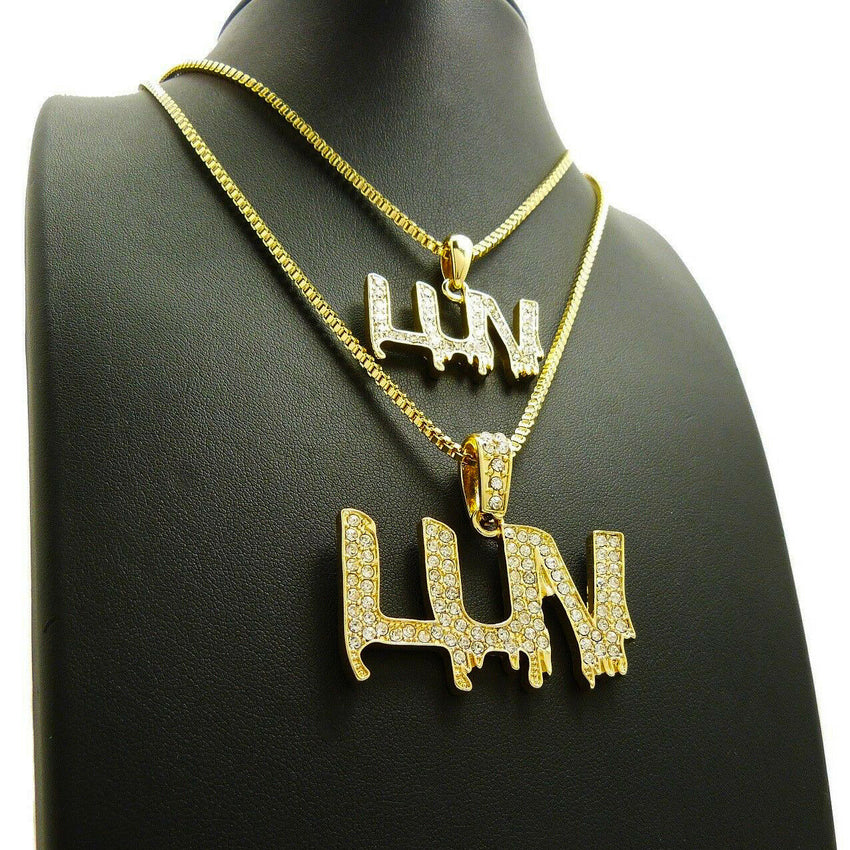 Iced out Hip Hop Pave Small & Big LUV Pendant 20",24" Box Chain 2 Necklace Set