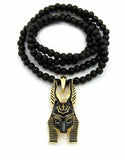 Hip Hop Egyptian God Two Tone Anubis Pendant & 6mm 30" Wooden Bead Necklace