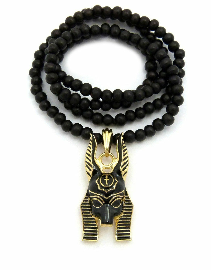 Hip Hop Egyptian God Two Tone Anubis Pendant & 6mm 30" Wooden Bead Necklace