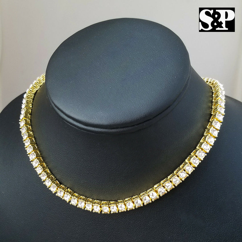 Hip Hop Iced out Gold plated 18" Figaro & 1 Row CZ Tennis Choker Chain Necklace set