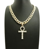 Iced out Ankh Cross Pendant & 18" 20" 22" 24" CZ Cuban Choker Chain Necklace