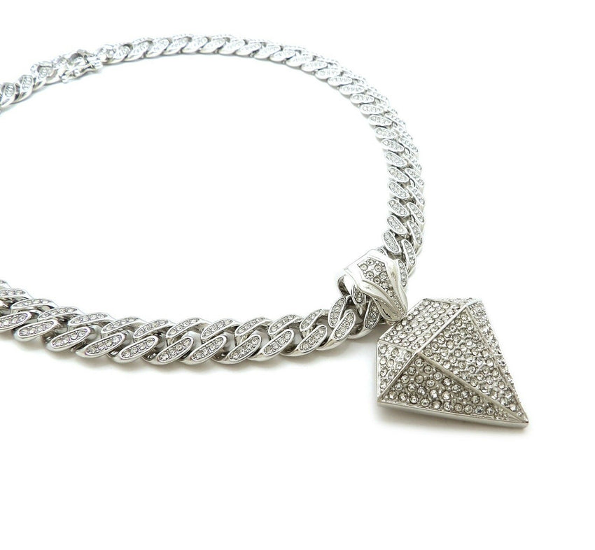 Hip Hop Diamond Shape Pendant & 18" Iced Box Lock Miami Cuban Chain Necklace