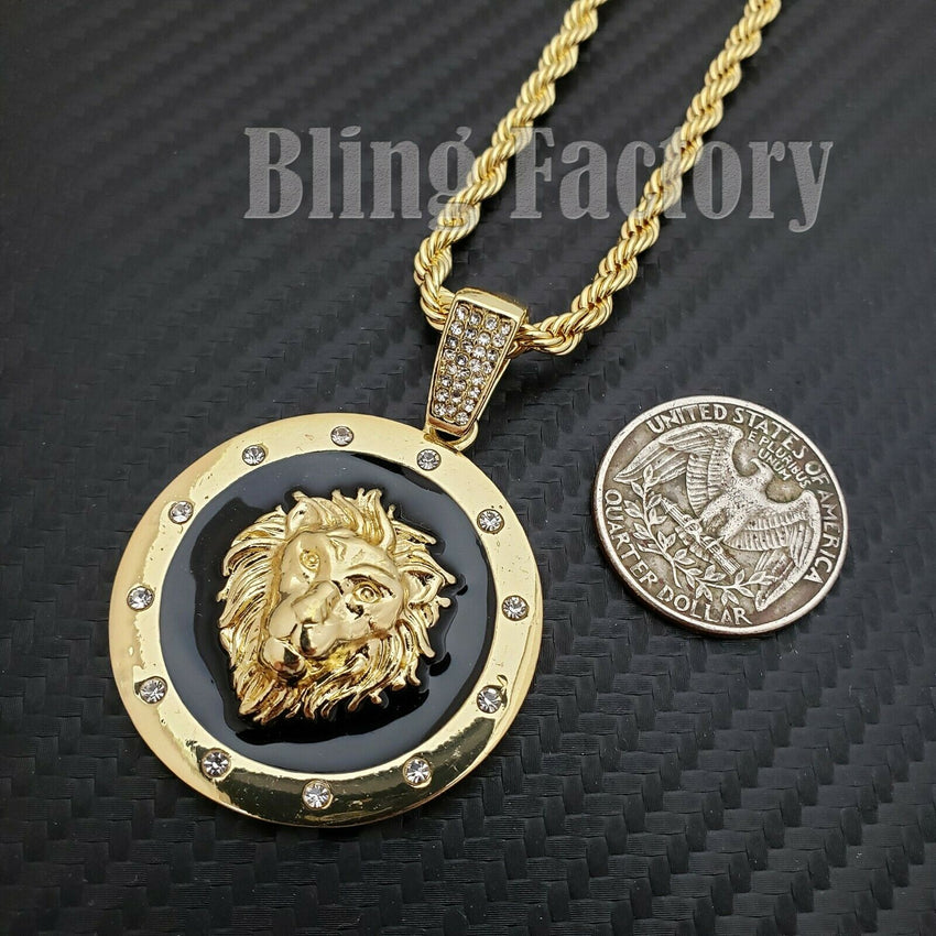 Hip Hop Iced out Lion Head Medallion Charm Pendant & 4mm 24" Rope Chain Necklace