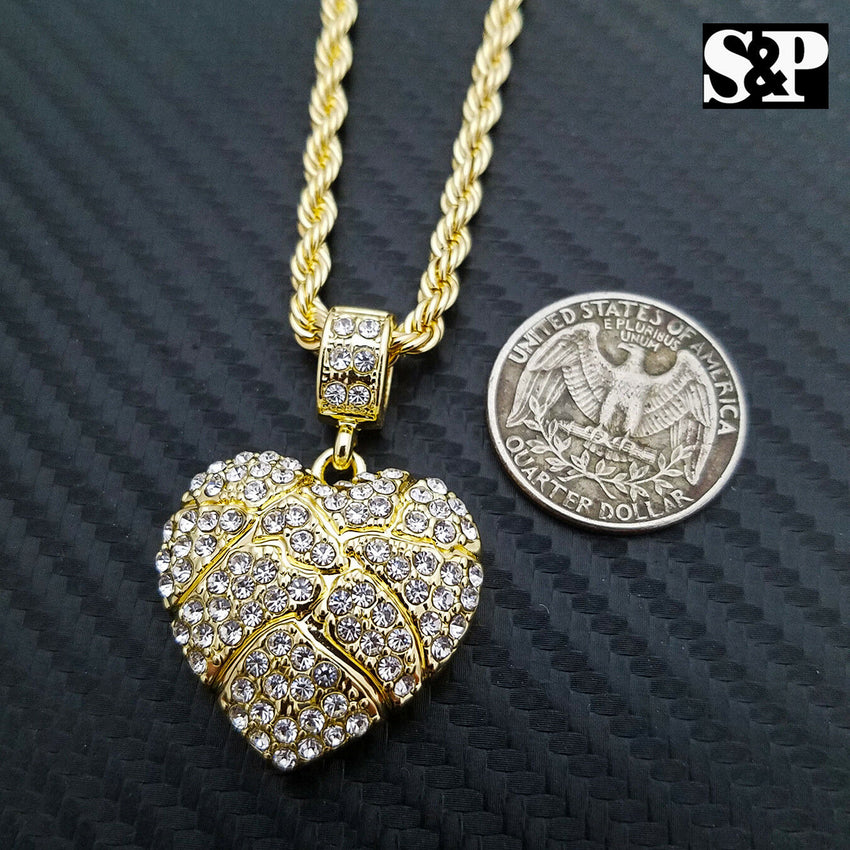 Iced Out Gold PT Golden Nugget Heart Pendant & 24" Rope Chain Hip Hop Necklace