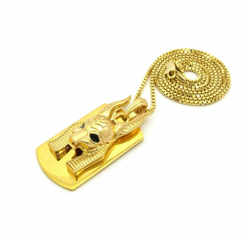 NEW GOLD PT ANUBIS HEAD DOG TAG PENDANT & 2mm 24" BOX CHAIN HIP HOP NECKLACE