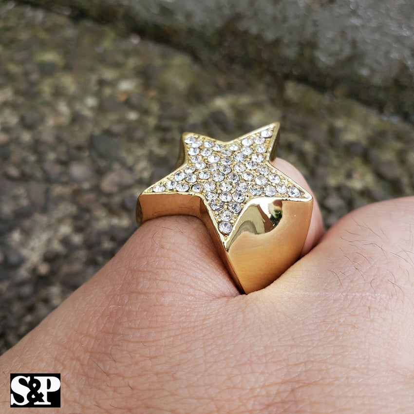MEN'S ICED OUT HIP HOP LUXURY LAB DIAMOND GOLD PLATED STAR PINKY 8 ~ 12 RING