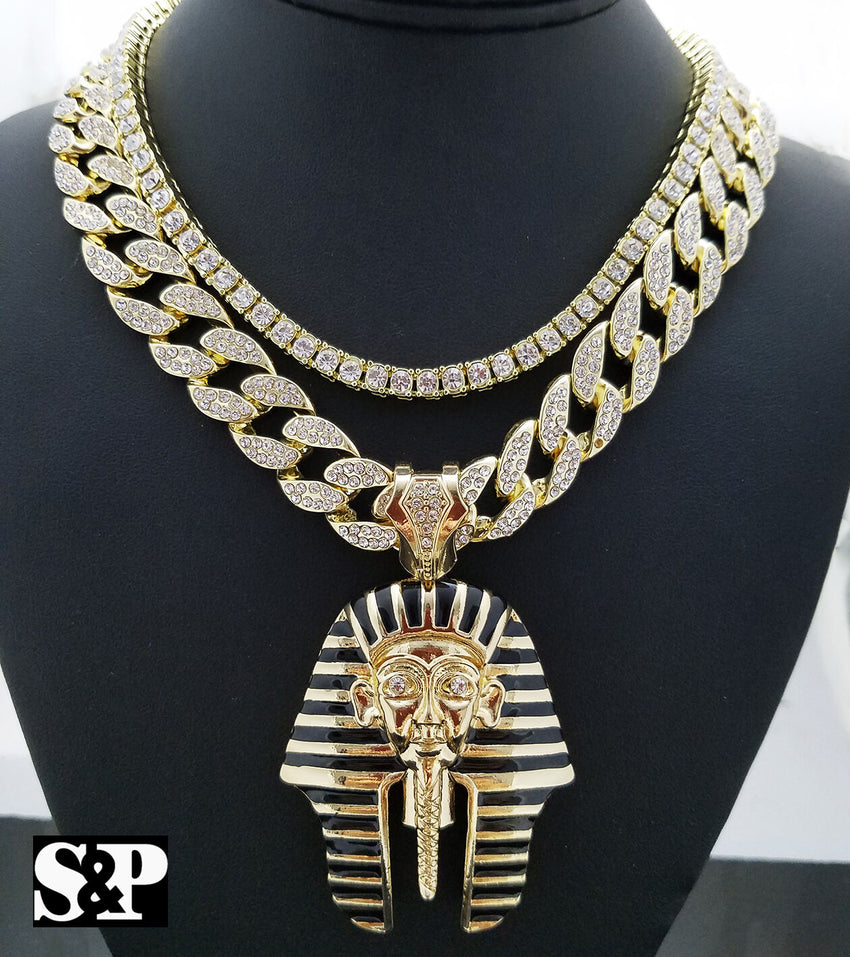 Hip Hop Pharaoh Pendant w/ 16" Full Iced Cuban & 1 ROW DIAMOND Choker Chain Set