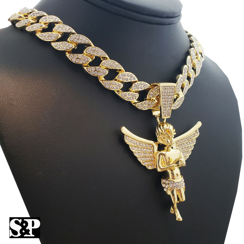 Hip Hop Bling Gold PT Baby Angel Pendant & 20" Full Iced Cuban Choker Chain Necklace