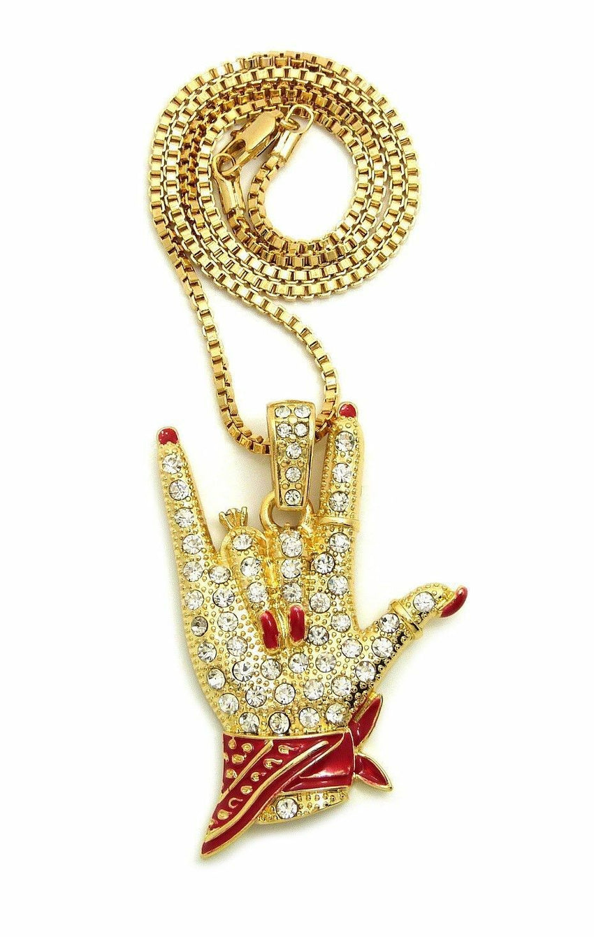 Women's Cardi B I Love You Hand Sign Pendant & 24" Box, Cuban Chain Necklace