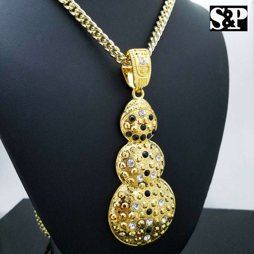 Iced Out Gold Plated Big SNOWMAN Pendant & 6mm 30" Cuban Chain Hip Hop Necklace