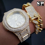 MENS HIP HOP QUAVO GOLD PT LUXURY WATCH & FULL ICED CUBAN BRACELET COMBO SET