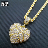 Iced Out Gold PT Golden Nugget Heart Pendant & 24" Rope Chain Hip Hop Necklace