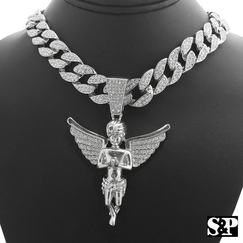 Hip Hop Bling Baby Angel Pendant & 18" Full Iced Cuban Choker Chain Necklace