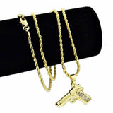 Hip Hop Iced Out Gold Plated CZ Beretta Gun Pendant w/ 24" Rope Chain Necklace